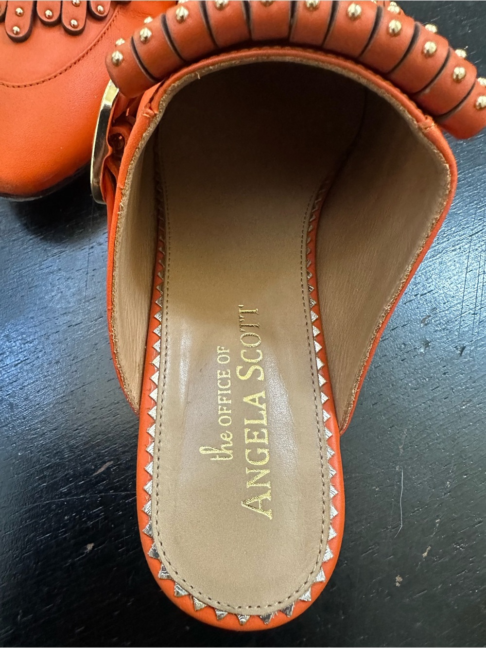 Office of Angela Scott - Women's Orange Studded Fringe Loafers - Picture 2 of 8